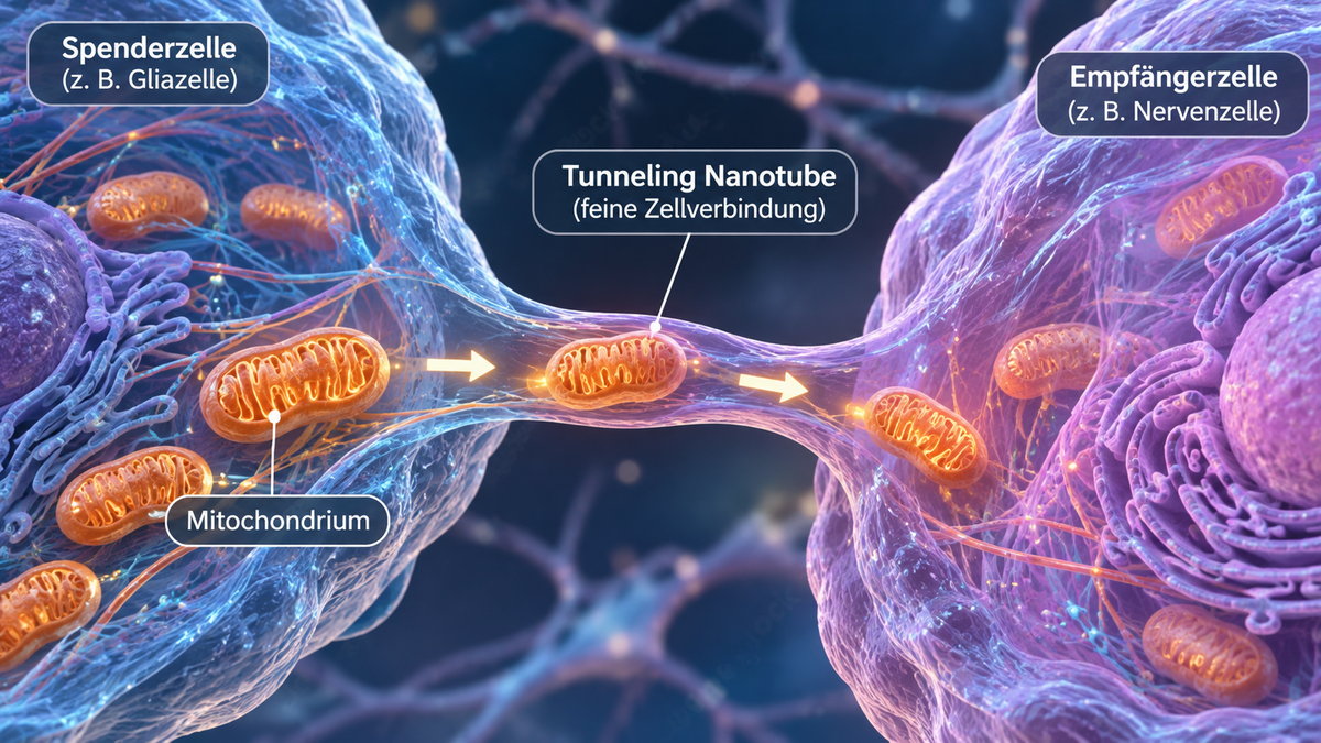 KI-generierte Illustration: Mitochondrien bewegen sich durch eine Zellbrücke von einer Spenderzelle zu einer Empfängerzelle.